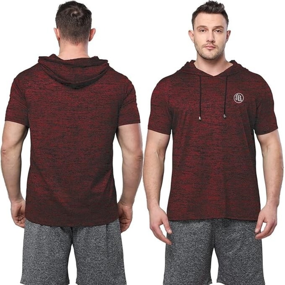 Mens Short Sleeve Hoodies Dry-Fit Workout Fitness Sport Gym Hooded Tops Red 2XL